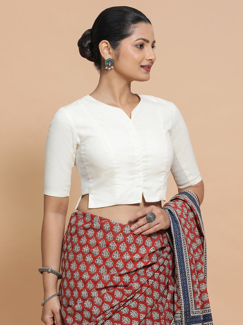 Tejasvi x Rozaana | Round Neck Ivory Mist Plain Cotton Saree Blouse-Binks