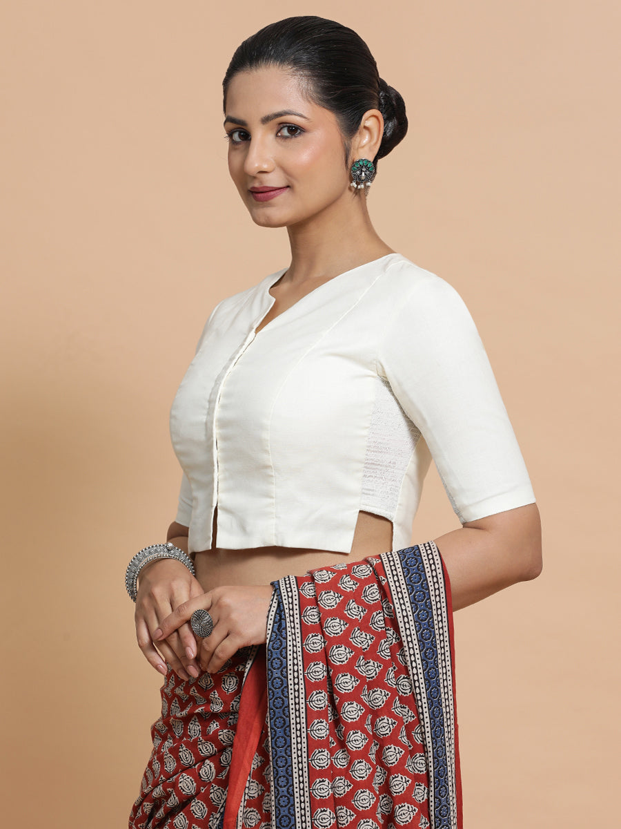 Tejasvi x Rozaana Saree Blouse, in Cream Cotton, featuring elbow sleeves and round neckline, made for daily & work (view 8).