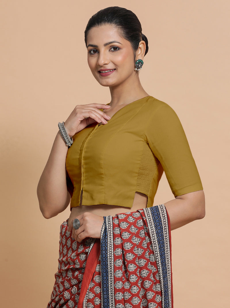 Tejasvi x Rozaana | Round Neck Khaki Plain Cotton Saree Blouse-Binks