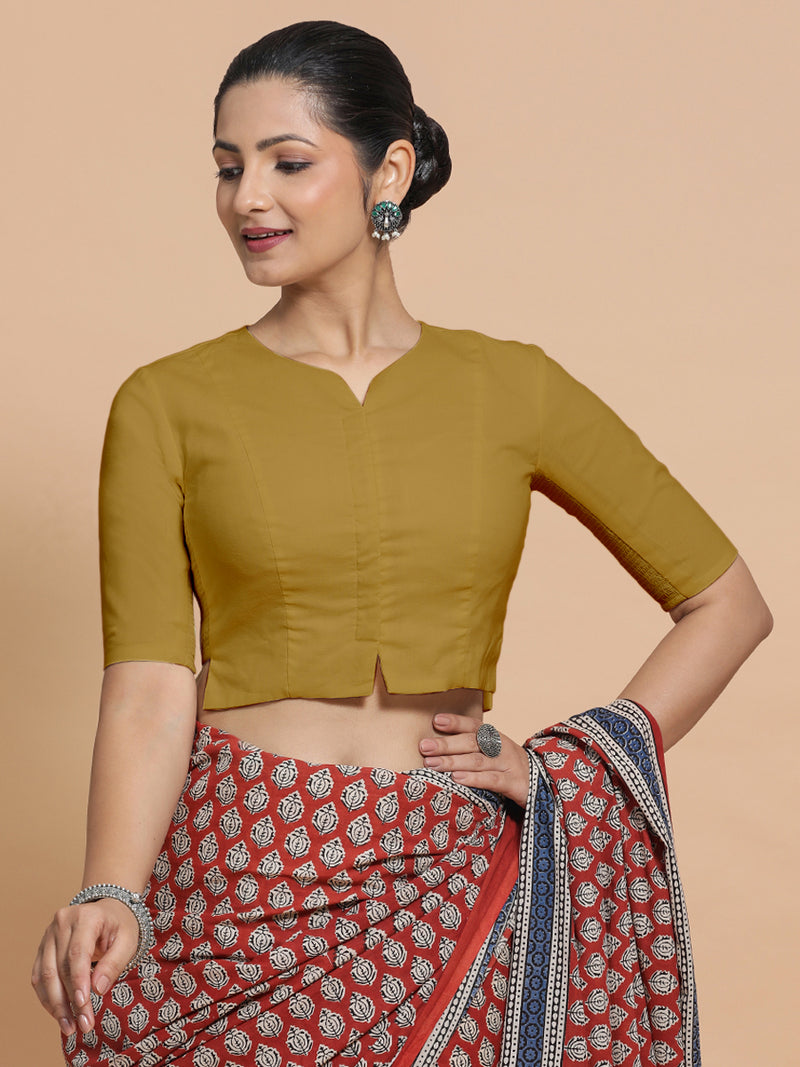 Tejasvi x Rozaana | Round Neck Khaki Plain Cotton Saree Blouse-Binks