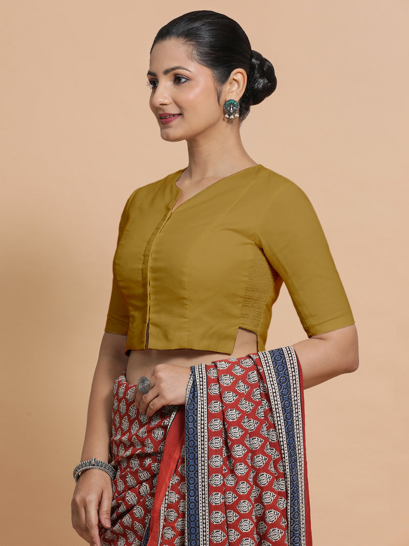 Tejasvi x Rozaana | Round Neck Khaki Plain Cotton Saree Blouse-Binks