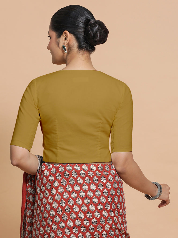 Tejasvi x Rozaana Saree Blouse, in Beige Cotton, featuring elbow sleeves and round neckline, made for daily & work (view 2).