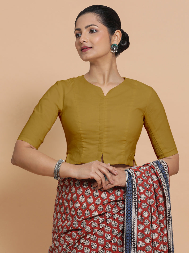 Tejasvi x Rozaana | Round Neck Khaki Plain Cotton Saree Blouse-Binks