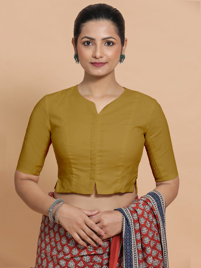 Tejasvi x Rozaana | Round Neck Khaki Plain Cotton Saree Blouse-Binks