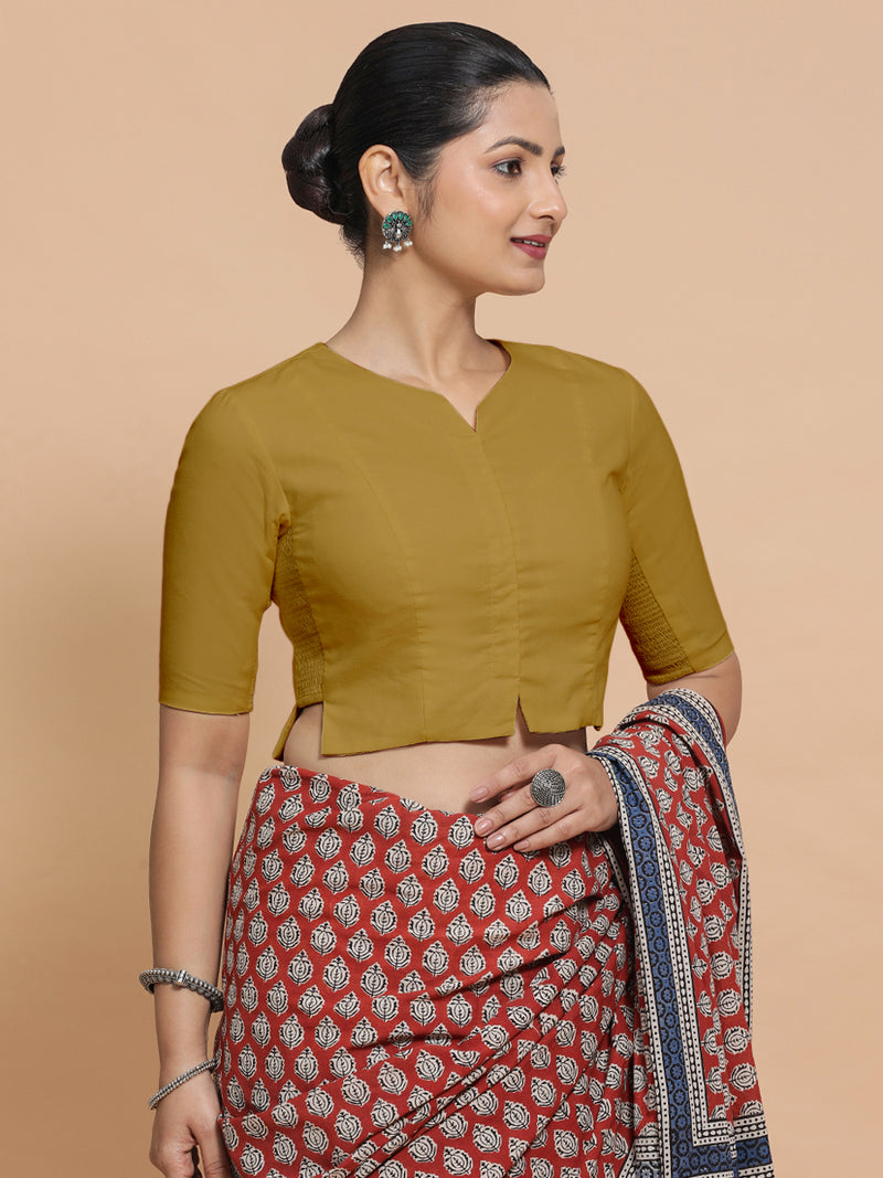 Tejasvi x Rozaana | Round Neck Khaki Plain Cotton Saree Blouse-Binks