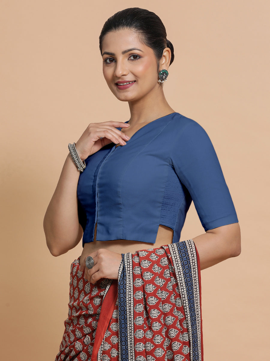 Tejasvi x Rozaana Saree Blouse, in Blue 100% Cotton - Solid, featuring elbow sleeves and round neckline.
