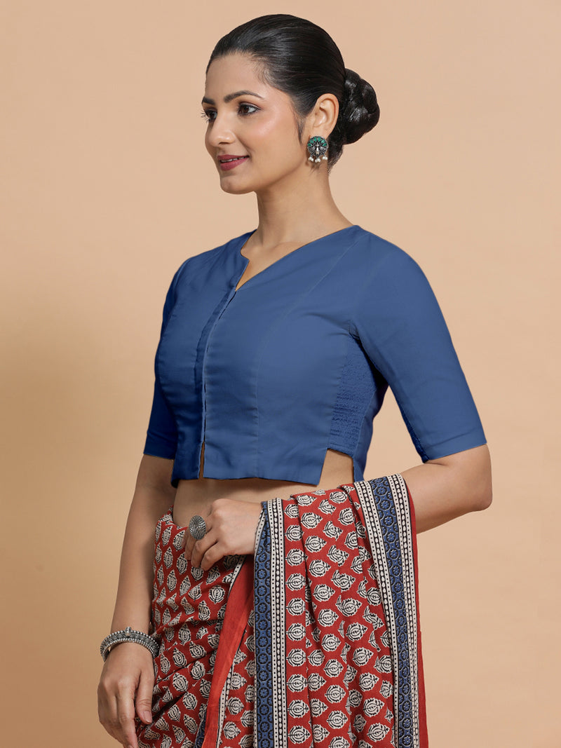 Tejasvi x Rozaana | Elbow Sleeves Saree Blouse in Lapis Blue Plain Cotton-Binks