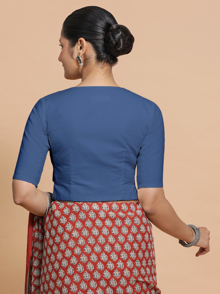 Tejasvi x Rozaana Saree Blouse, in Blue 100% Cotton - Solid, featuring elbow sleeves and round neckline (view 2).