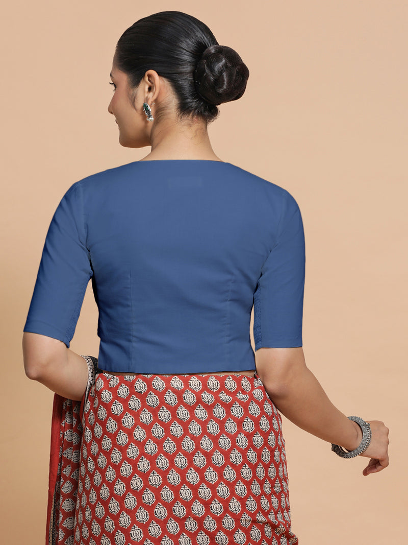 Tejasvi x Rozaana | Elbow Sleeves Saree Blouse in Lapis Blue Plain Cotton-Binks