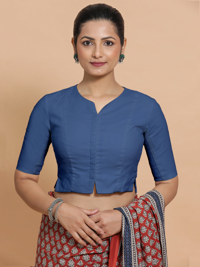 Tejasvi x Rozaana | Elbow Sleeves Saree Blouse in Lapis Blue Plain Cotton-Binks