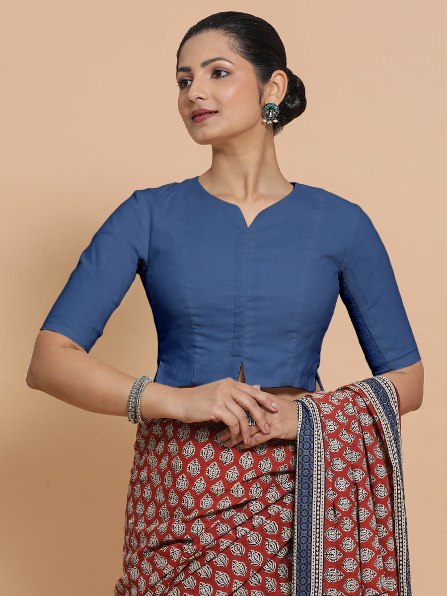 Tejasvi x Rozaana Saree Blouse, in Blue 100% Cotton - Solid, featuring elbow sleeves and round neckline (view 7).