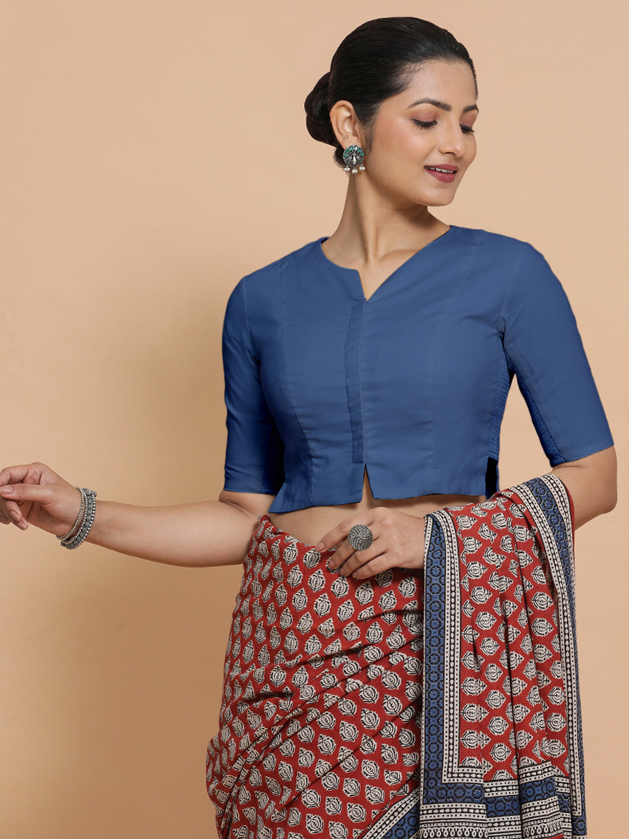 Tejasvi x Rozaana Saree Blouse, in Blue 100% Cotton - Solid, featuring elbow sleeves and round neckline (view 8).