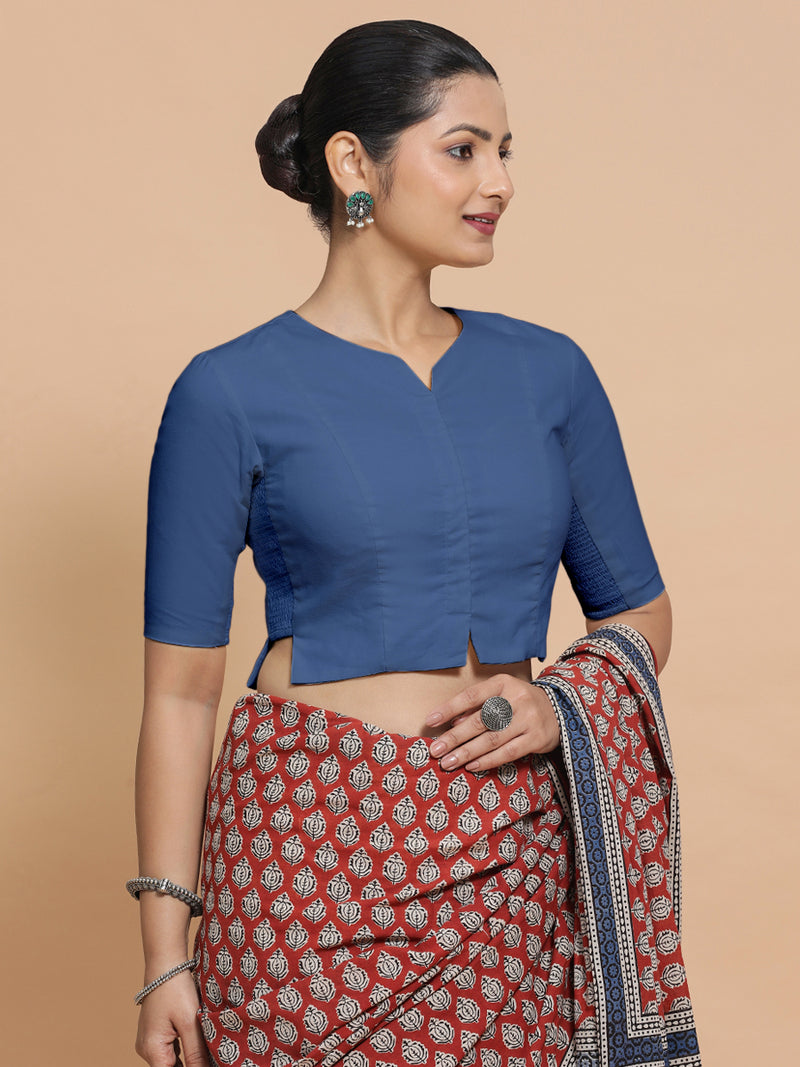 Tejasvi x Rozaana | Elbow Sleeves Saree Blouse in Lapis Blue Plain Cotton-Binks