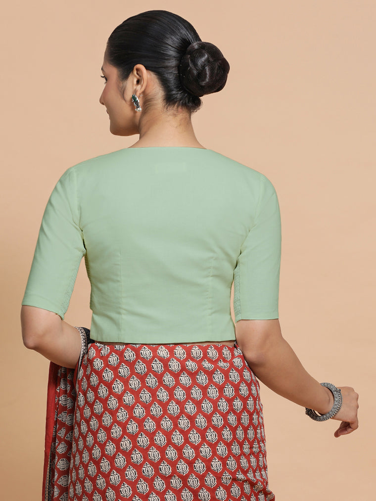 Tejasvi x Rozaana Saree Blouse, in Green Cotton, featuring elbow sleeves and round neckline, made for daily & work (view 2).