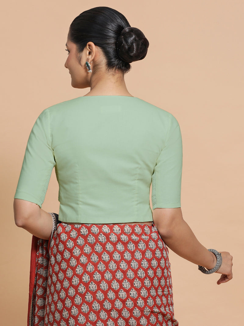 Tejasvi x Rozaana | Round Neck Light Sage Plain Cotton Saree Blouse-Binks