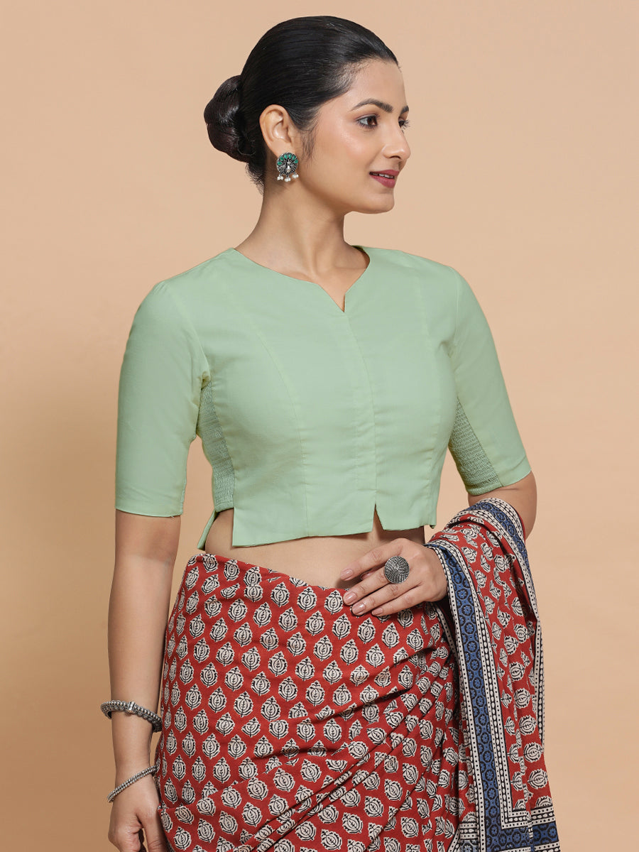Tejasvi x Rozaana Saree Blouse, in Green Cotton, featuring elbow sleeves and round neckline, made for daily & work (view 6).