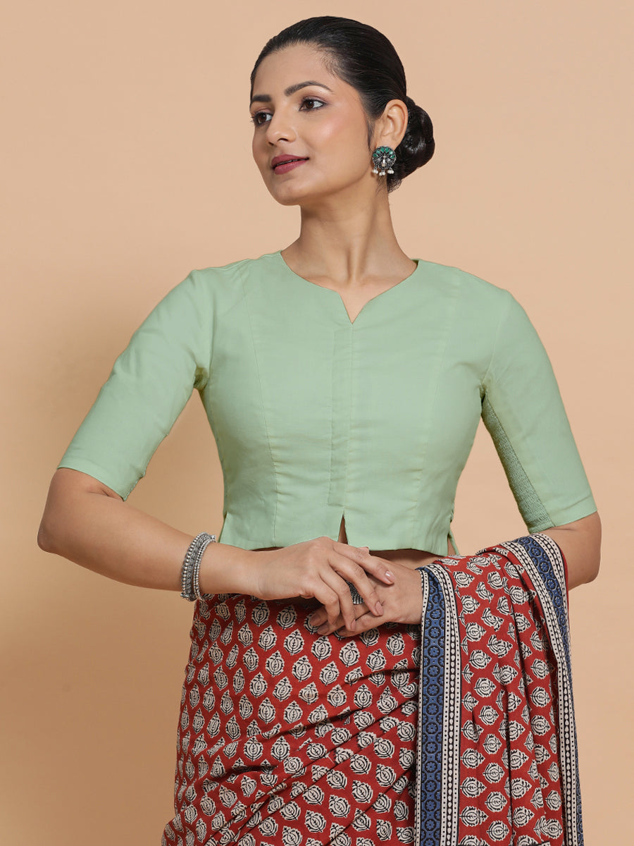 Tejasvi x Rozaana Saree Blouse, in Green Cotton, featuring elbow sleeves and round neckline, made for daily & work (view 8).