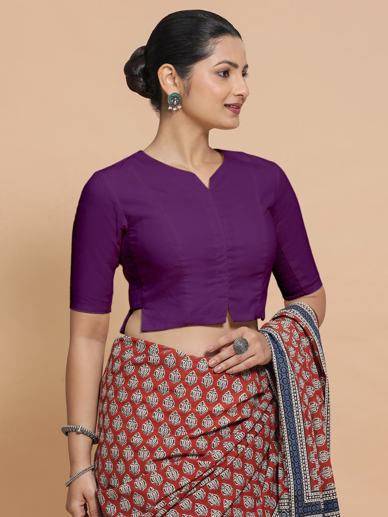 Tejasvi x Rozaana Saree Blouse, in Pink Cotton, featuring elbow sleeves and round neckline, made for daily & work.