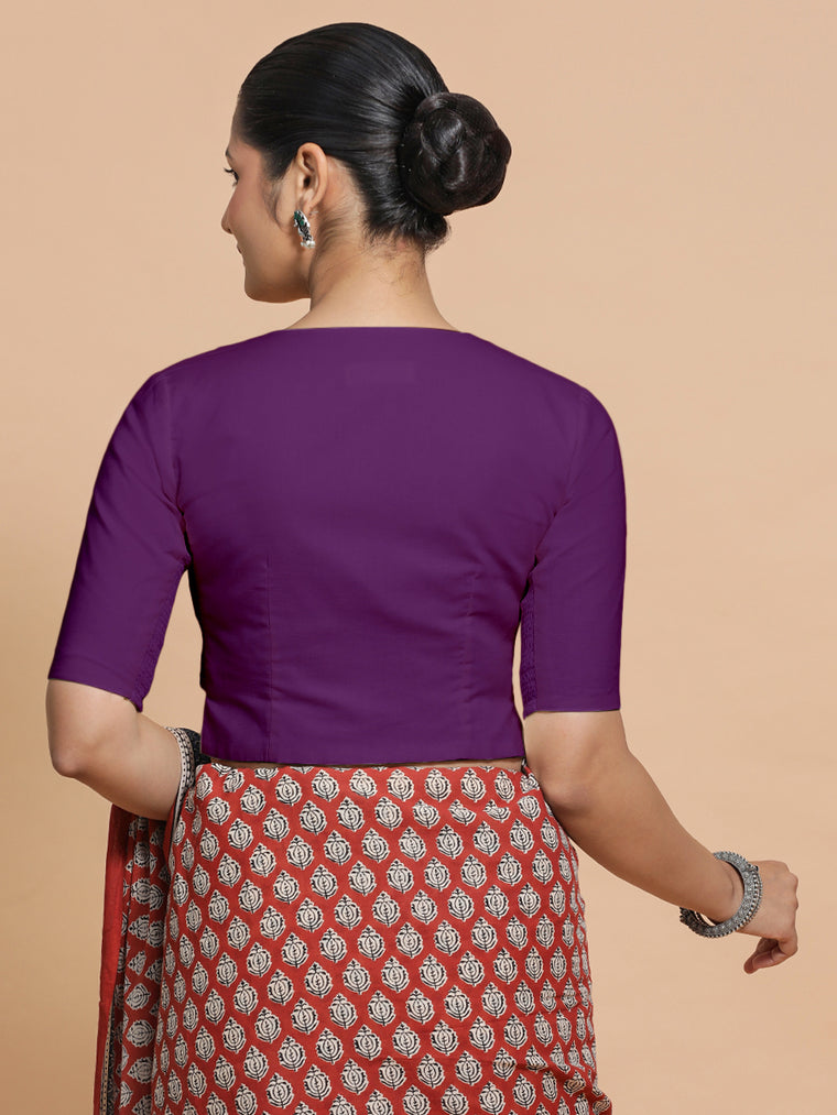 Tejasvi x Rozaana Saree Blouse, in Pink Cotton, featuring elbow sleeves and round neckline, made for daily & work (view 2).