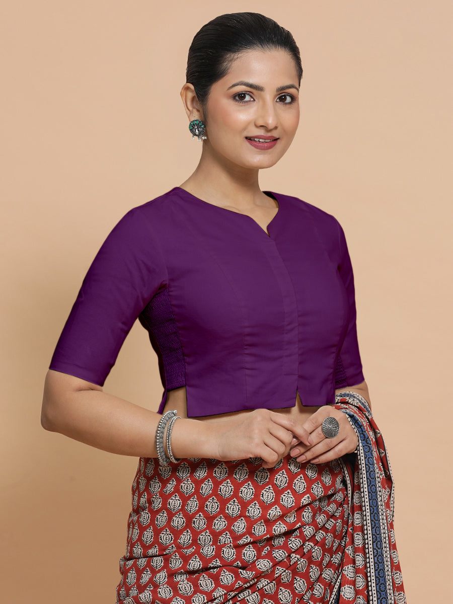 Tejasvi x Rozaana Saree Blouse, in Pink Cotton, featuring elbow sleeves and round neckline, made for daily & work (view 7).