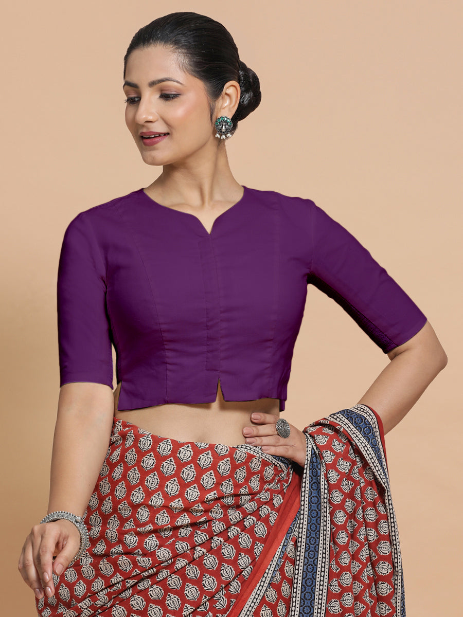 Tejasvi x Rozaana Saree Blouse, in Pink Cotton, featuring elbow sleeves and round neckline, made for daily & work (view 8).