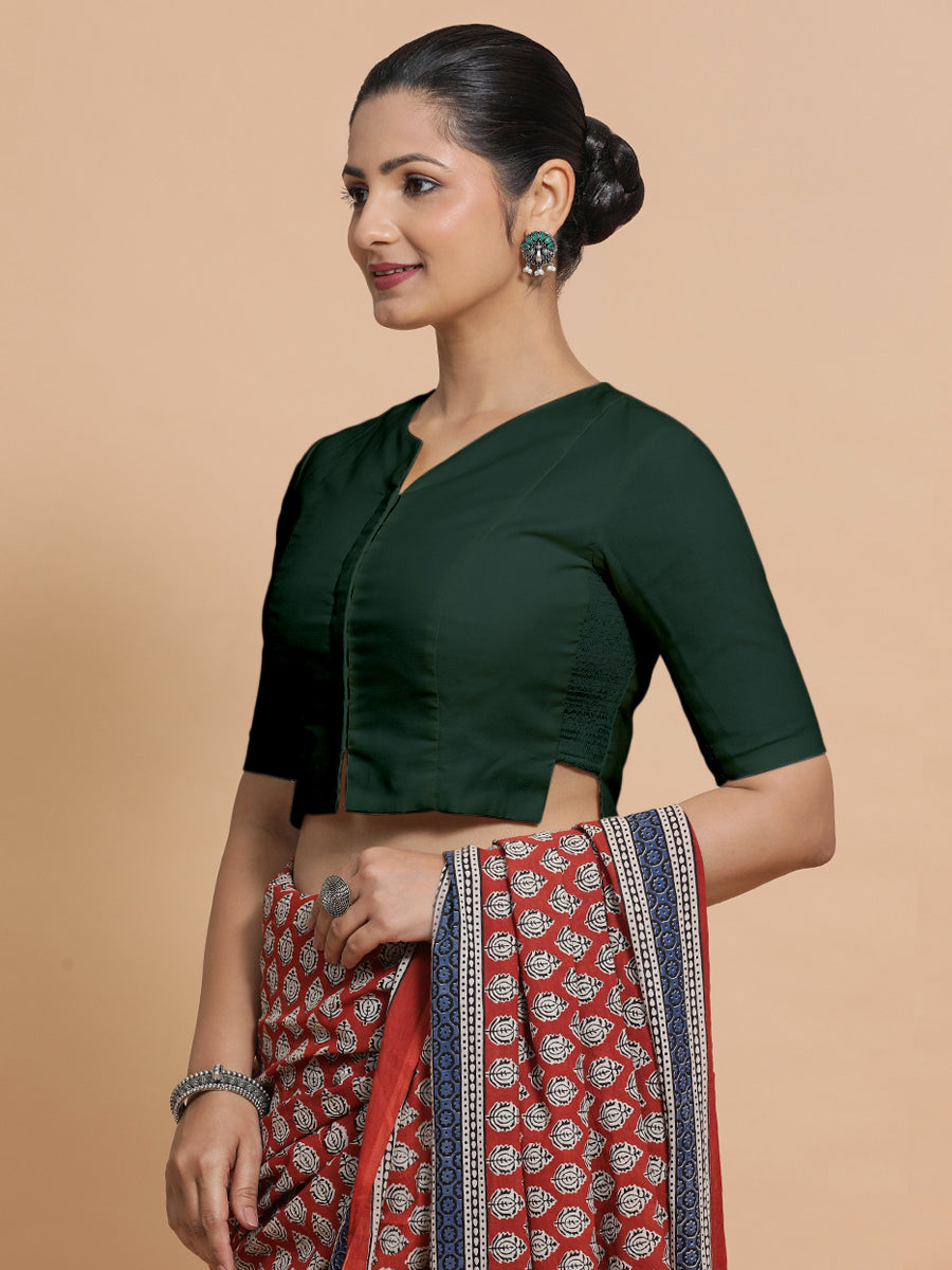 Tejasvi x Rozaana Saree Blouse, in Green Cotton, featuring elbow sleeves and round neckline, made for daily & work.
