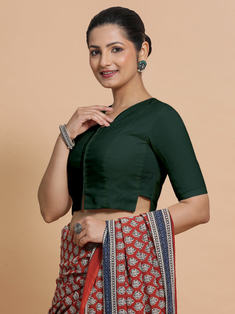 Tejasvi x Rozaana | Round Neck Moss Green Plain Cotton Saree Blouse-Binks