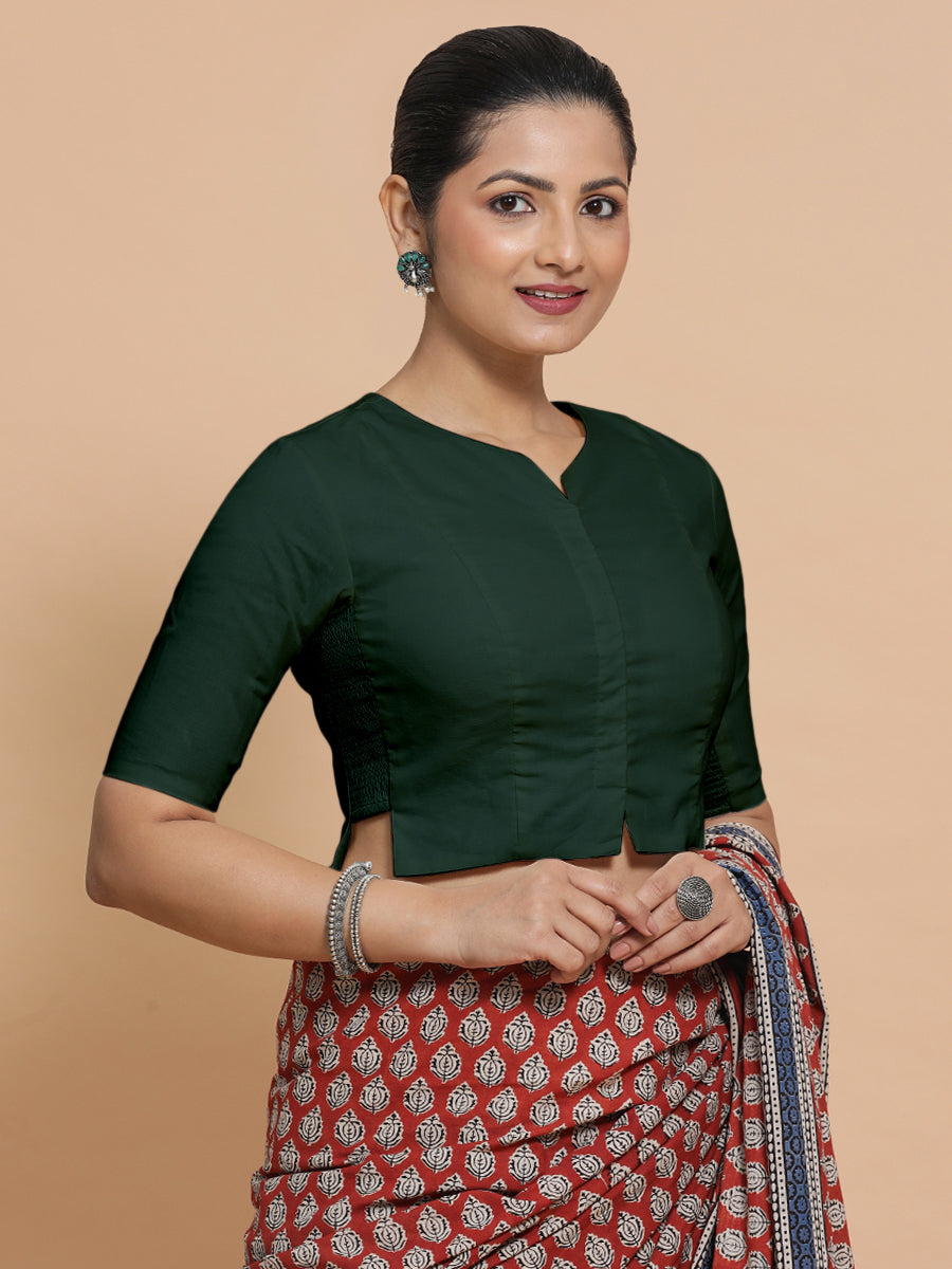 Tejasvi x Rozaana Saree Blouse, in Green Cotton, featuring elbow sleeves and round neckline, made for daily & work (view 7).