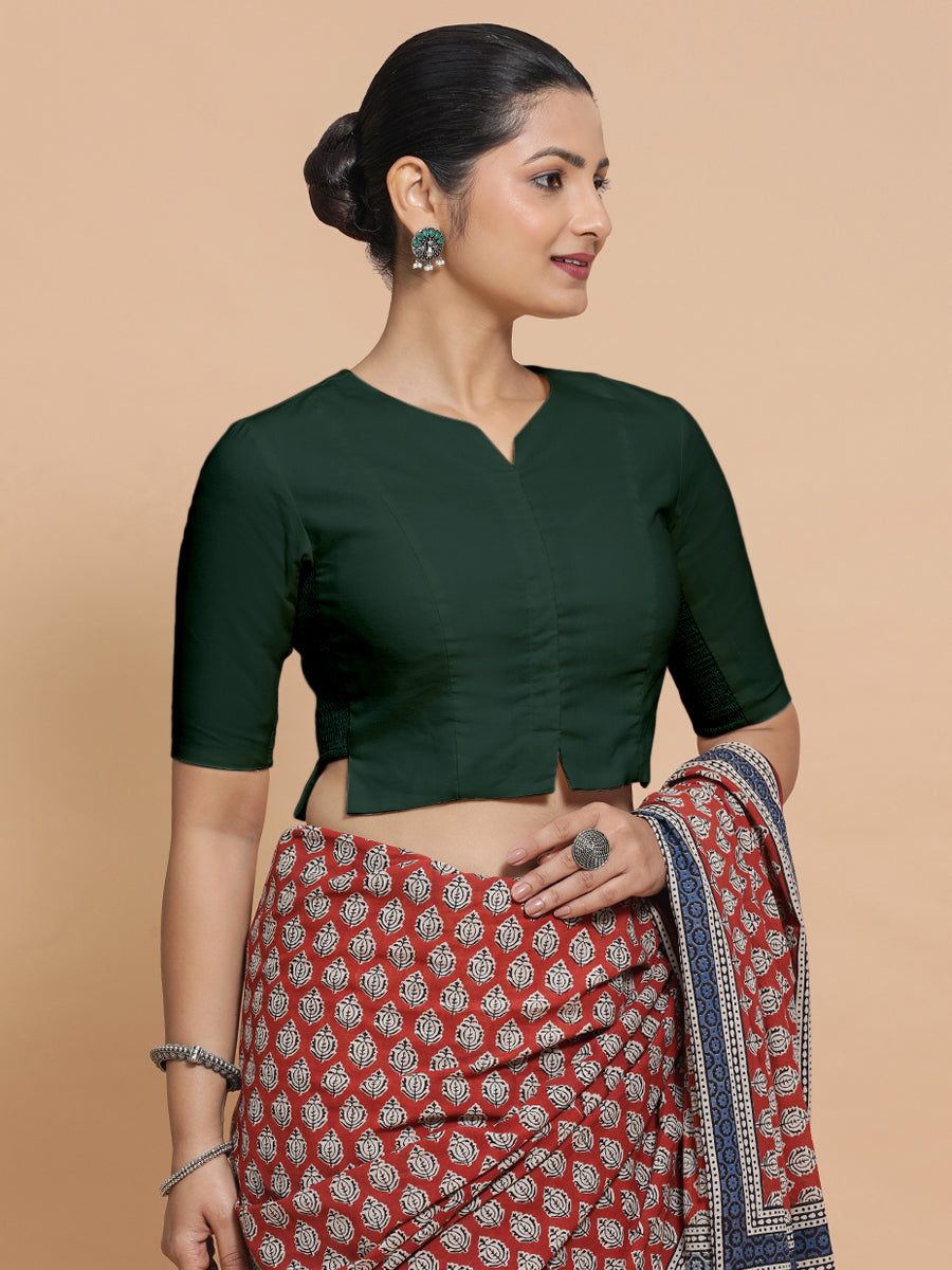 Tejasvi x Rozaana Saree Blouse, in Green Cotton, featuring elbow sleeves and round neckline, made for daily & work (view 8).