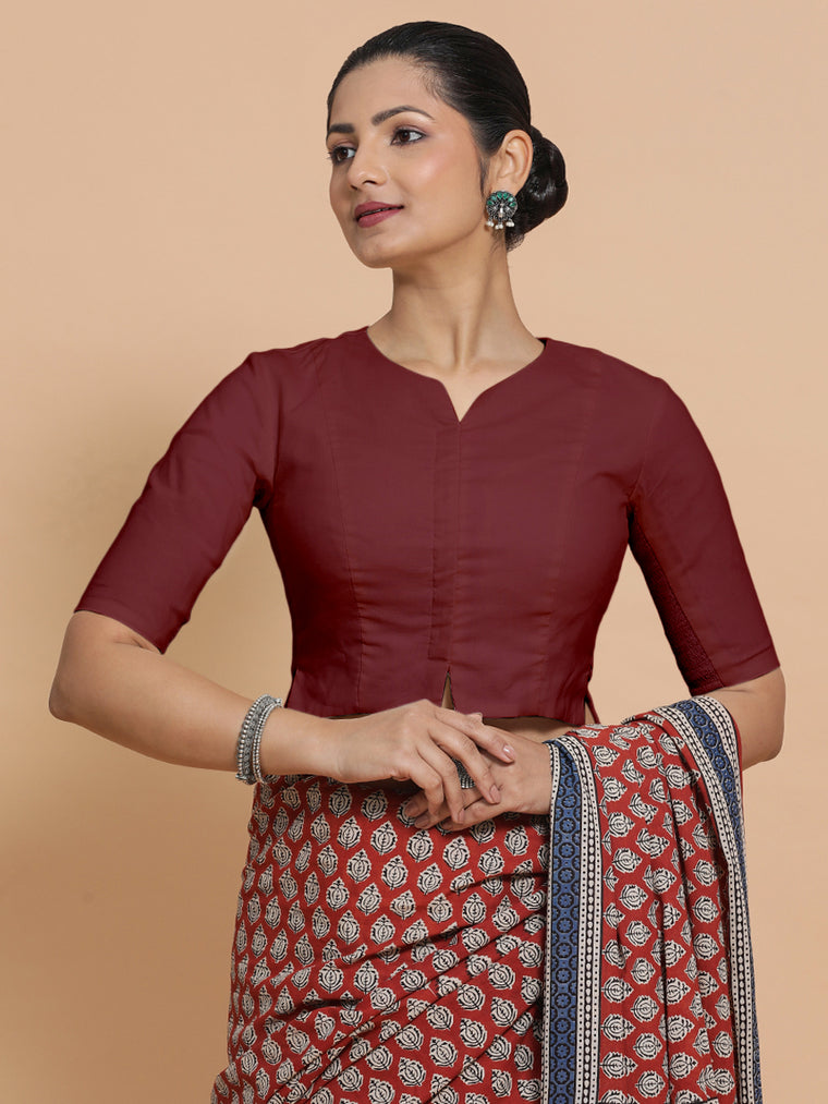 Tejasvi x Rozaana Saree Blouse, in Maroon Cotton, featuring elbow sleeves and round neckline, made for daily & work.