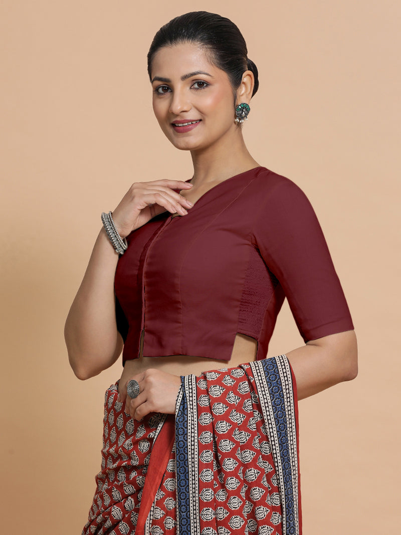 Tejasvi x Rozaana | Round Neck Royal Maroon Plain Cotton Saree Blouse-Binks