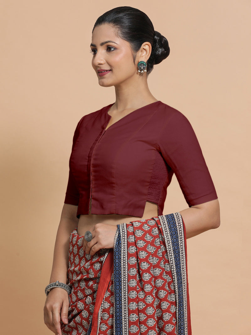 Tejasvi x Rozaana | Round Neck Royal Maroon Plain Cotton Saree Blouse-Binks