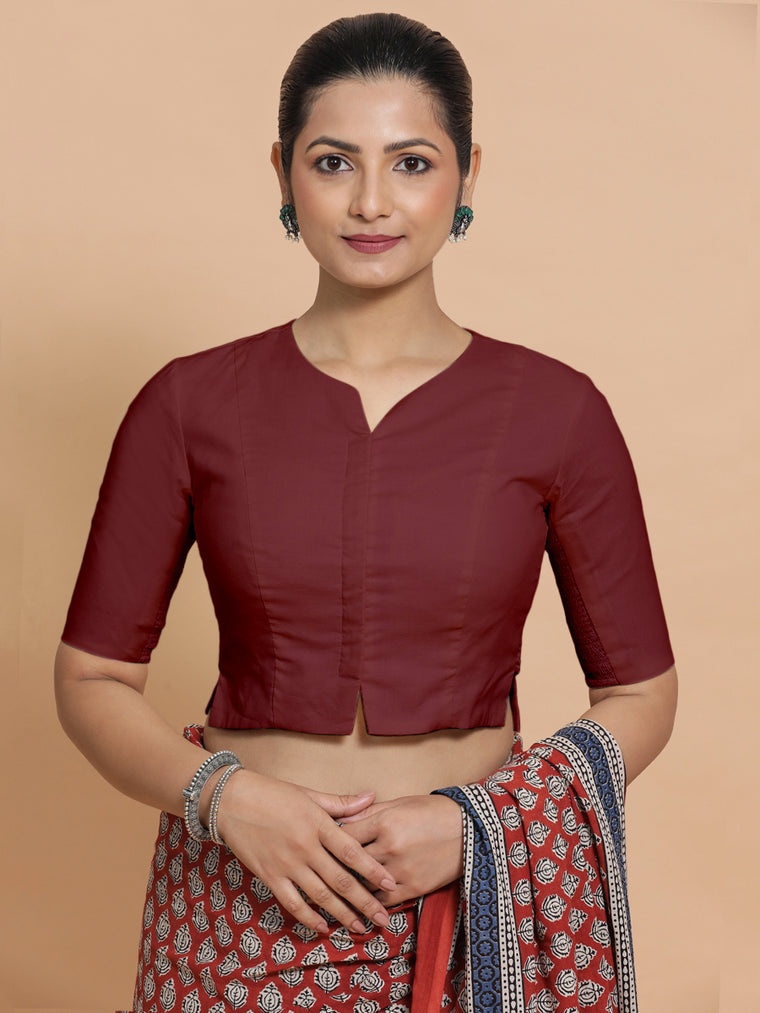 Tejasvi x Rozaana Saree Blouse, in Maroon Cotton, featuring elbow sleeves and round neckline, made for daily & work (view 2).