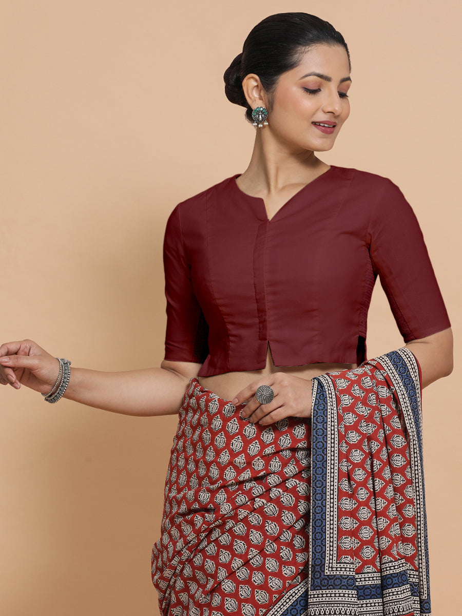 Tejasvi x Rozaana Saree Blouse, in Maroon Cotton, featuring elbow sleeves and round neckline, made for daily & work (view 6).