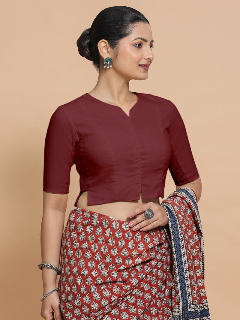 Tejasvi x Rozaana | Round Neck Royal Maroon Plain Cotton Saree Blouse-Binks