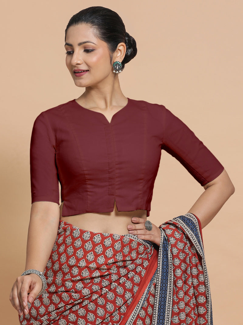 Tejasvi x Rozaana | Round Neck Royal Maroon Plain Cotton Saree Blouse-Binks