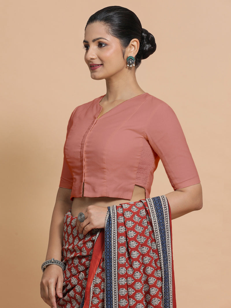 Tejasvi x Rozaana | Round Neck Soft Peach Plain Cotton Saree Blouse-Binks