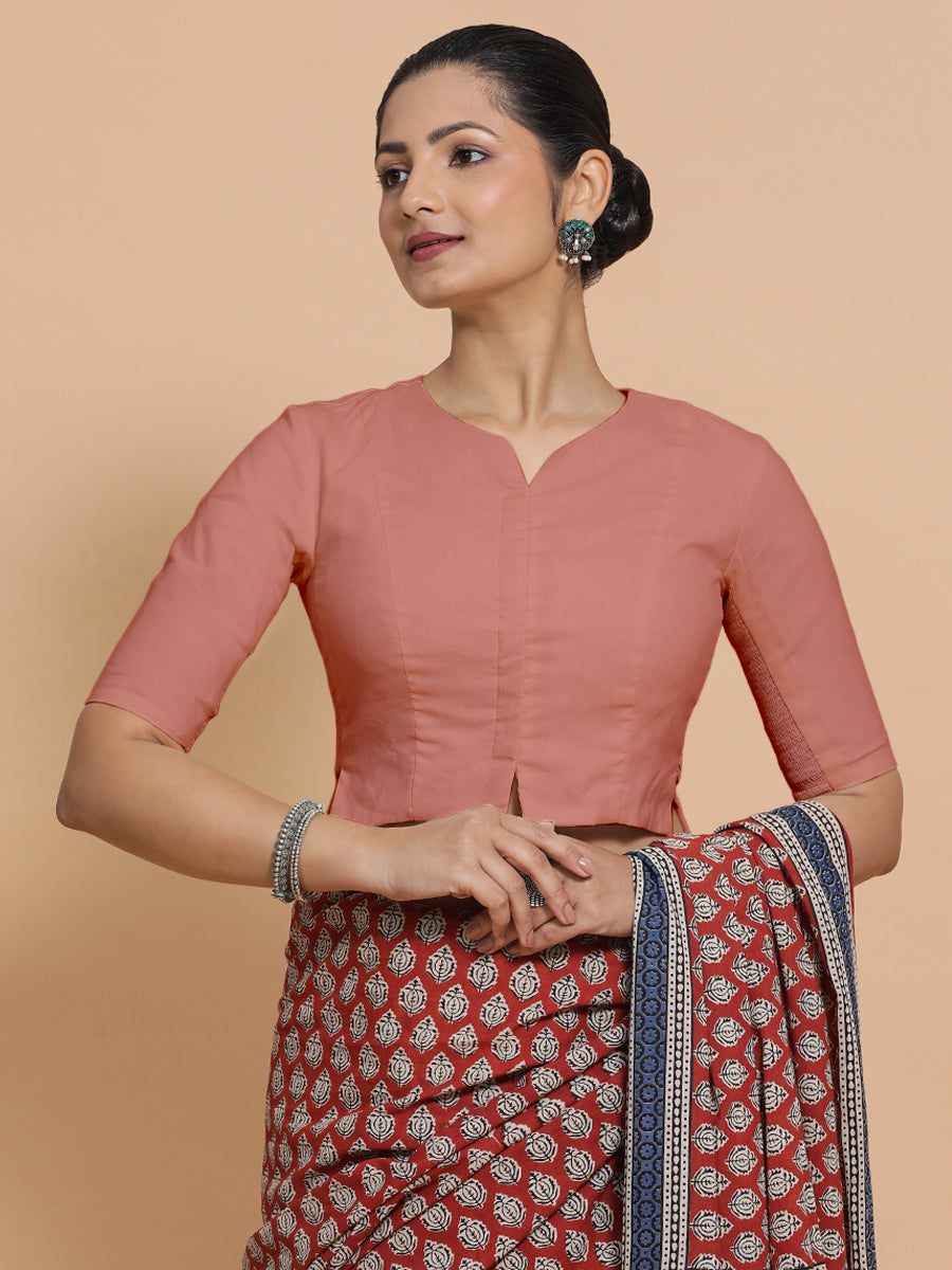 Tejasvi x Rozaana Saree Blouse, in Peach Cotton, featuring elbow sleeves and round neckline, made for daily & work (view 6).