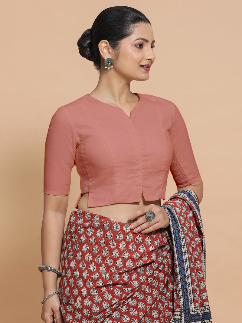 Tejasvi x Rozaana | Round Neck Soft Peach Plain Cotton Saree Blouse-Binks