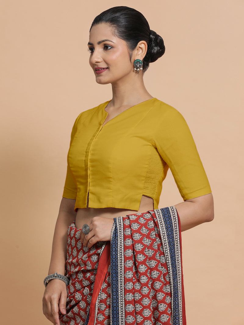 Tejasvi x Rozaana | Round Neck Sunny Yellow Plain Cotton Saree Blouse-Binks