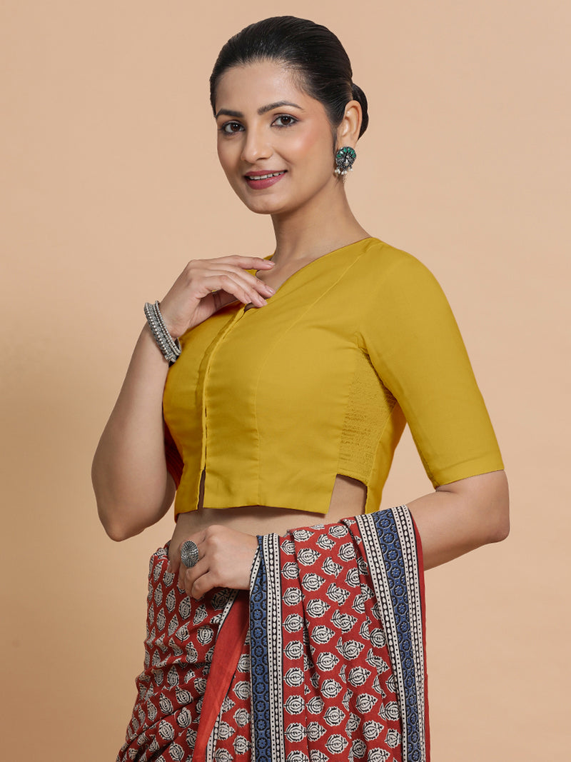 Tejasvi x Rozaana | Round Neck Sunny Yellow Plain Cotton Saree Blouse-Binks