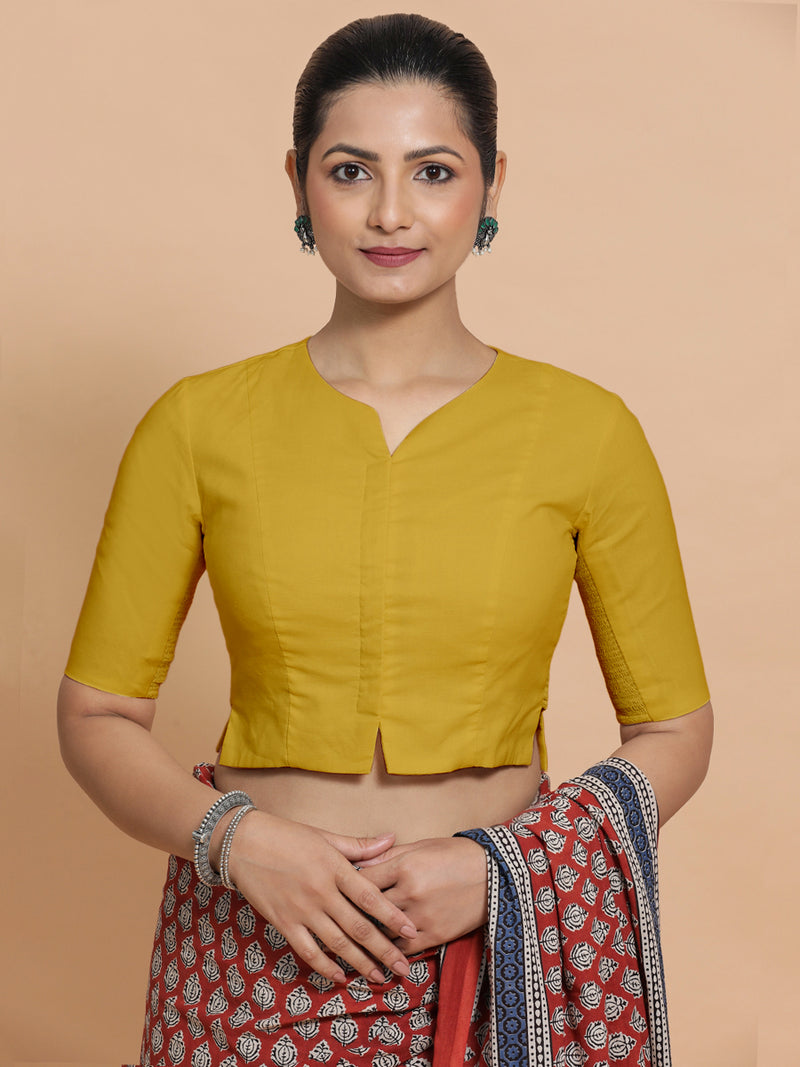 Tejasvi x Rozaana | Round Neck Sunny Yellow Plain Cotton Saree Blouse-Binks