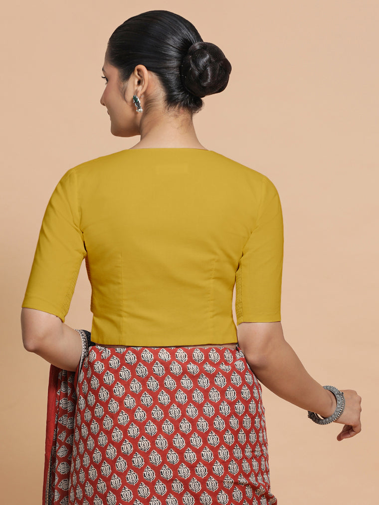Tejasvi x Rozaana Saree Blouse, in Yellow Cotton, featuring elbow sleeves and round neckline, made for daily & work (view 2).