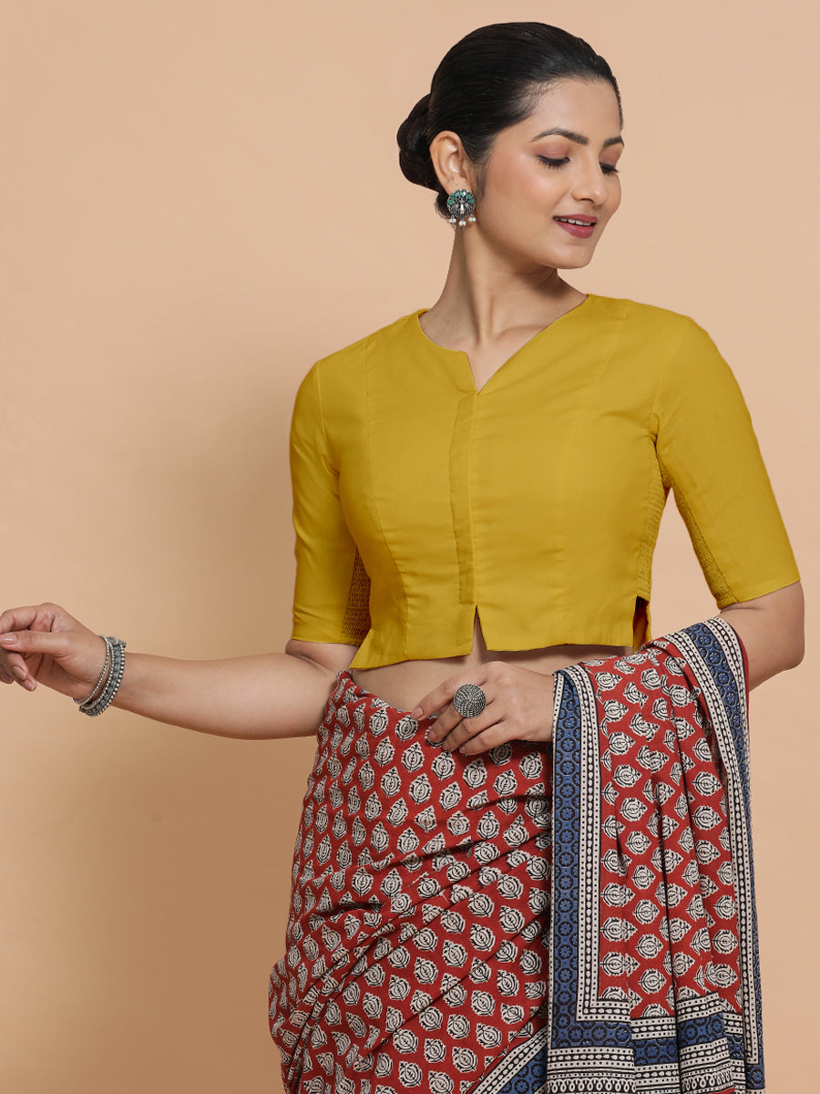 Tejasvi x Rozaana Saree Blouse, in Yellow Cotton, featuring elbow sleeves and round neckline, made for daily & work (view 5).