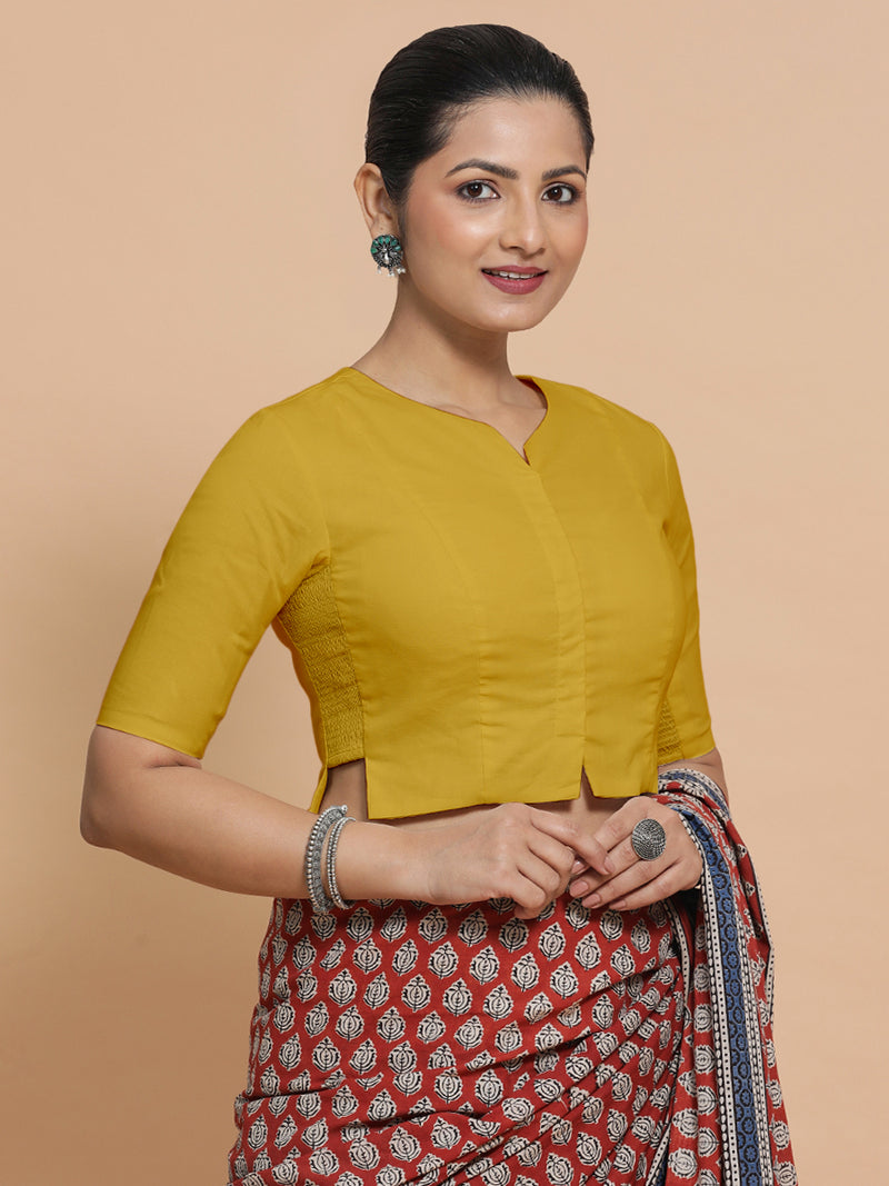 Tejasvi x Rozaana | Round Neck Sunny Yellow Plain Cotton Saree Blouse-Binks