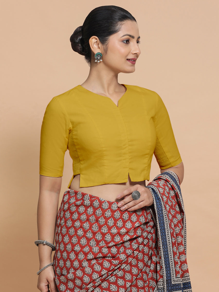 Tejasvi x Rozaana Saree Blouse, in Yellow Cotton, featuring elbow sleeves and round neckline, made for daily & work (view 8).