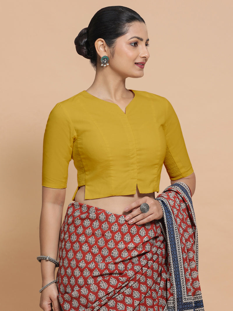 Tejasvi x Rozaana | Round Neck Sunny Yellow Plain Cotton Saree Blouse-Binks