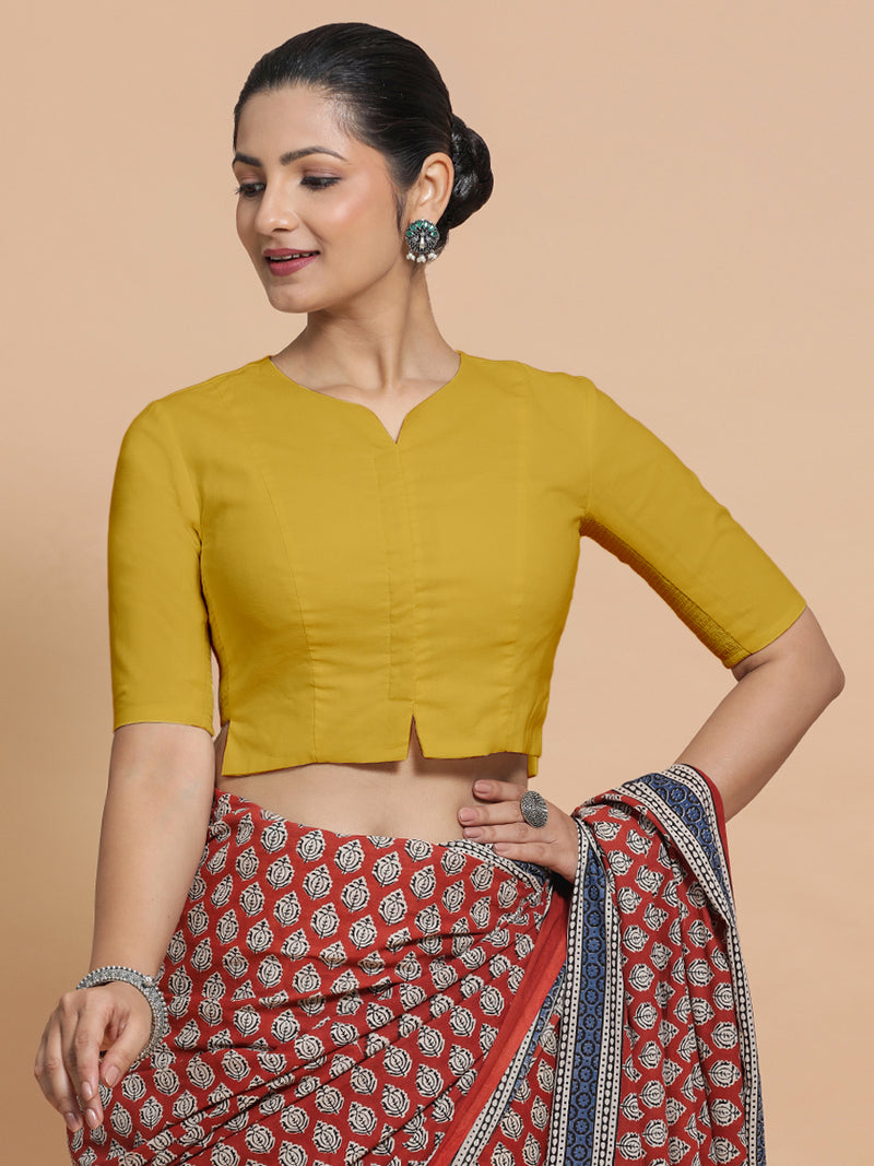 Tejasvi x Rozaana | Round Neck Sunny Yellow Plain Cotton Saree Blouse-Binks