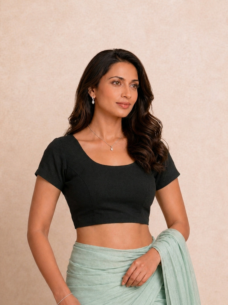 Tiasa | Short Sleeves Black Rayon Lycra StretchFit™ Saree Blouse-Binks