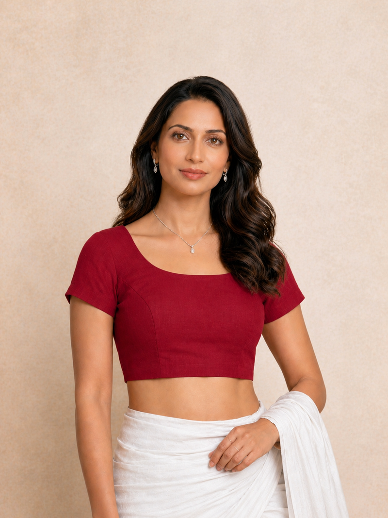Tiasa | Short Sleeves Cherry Red Rayon Lycra StretchFit™ Saree Blouse-Binks